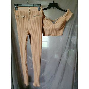 Fashion Nova Pink Cropped   Ribbed Spandex 2 Piece Set Size S (MM4)